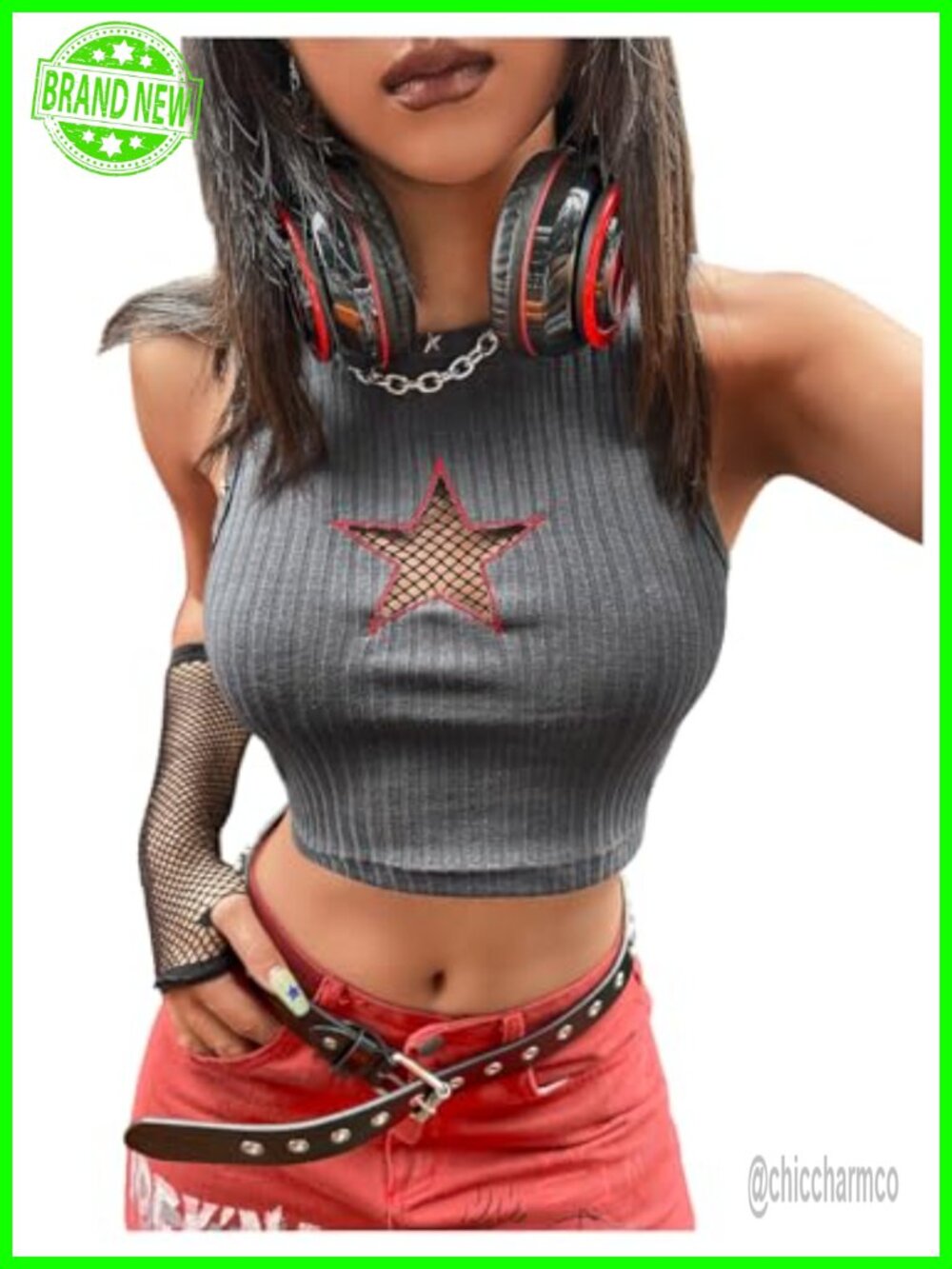 Women's Y2K Star Cut Out Fishnet Crop Top Punk Concert Tank